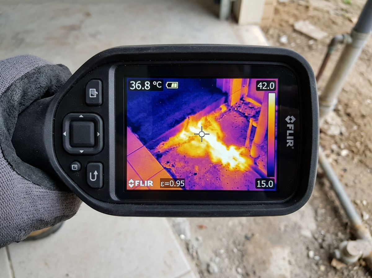 Thermal imaging detecting hot water slab leak under concrete floor in Missouri City