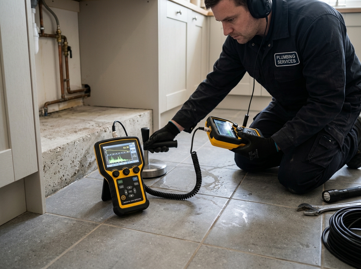 Plumbing technician preparing comprehensive slab leak diagnostic report for insurance company