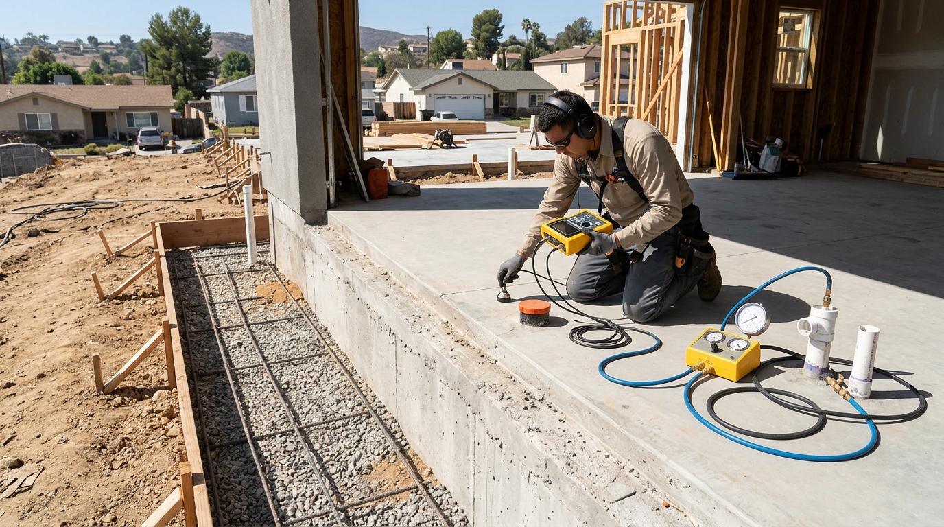 Plumber testing copper piping under concrete slab foundation in Missouri City TX